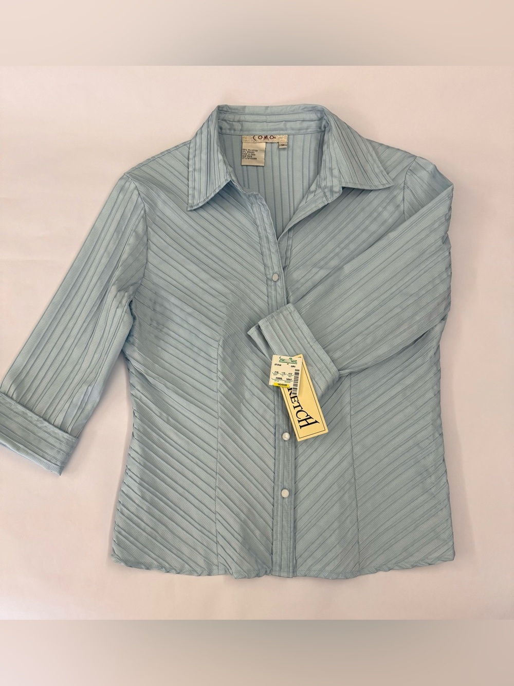 Vtg NWT Y2K COMO Stretch Light Blue Pleated Button Up Blouse Medium Deadstock